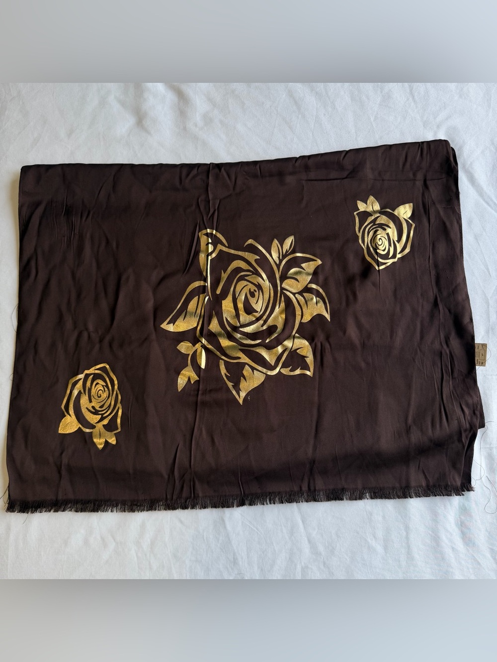 Women’s Brown Rectangular Scarf With Gold flowers